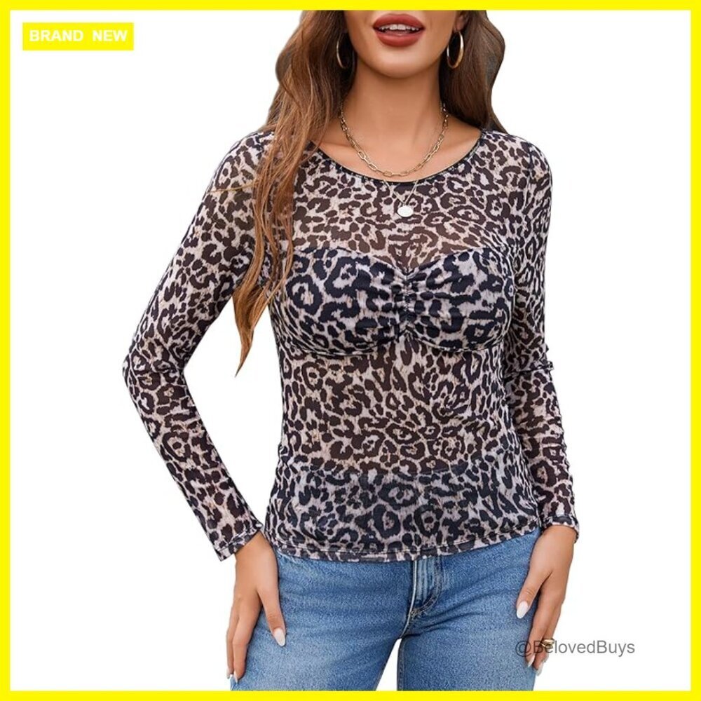 Sheer Mesh Long Sleeve Top Floral Crew Neck Stretch Blouse
